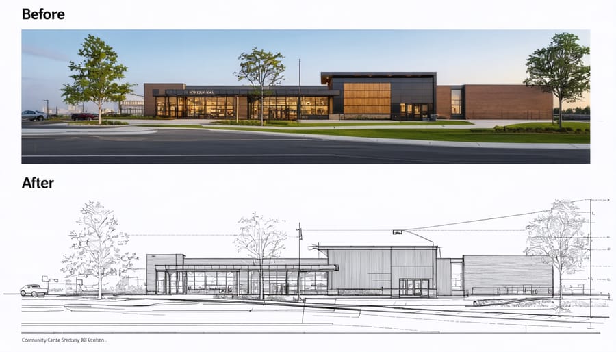 Side-by-side comparison of participatory design sketches and finished community building