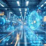 Futuristic industrial scene illustrating the concept of predictive maintenance with digital data streams processing equipment performance metrics.