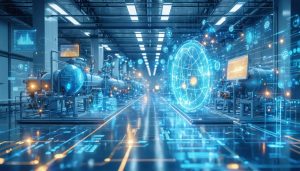 Futuristic industrial scene illustrating the concept of predictive maintenance with digital data streams processing equipment performance metrics.