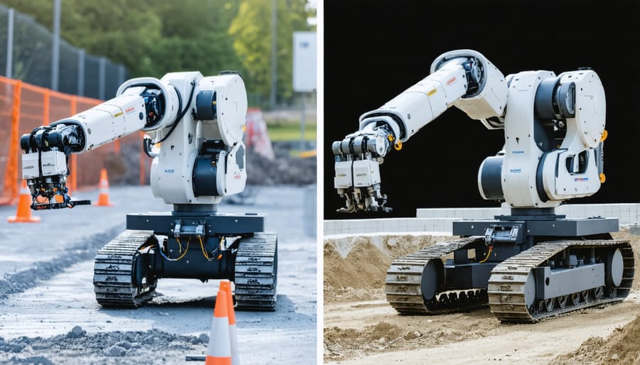 Side-by-side comparison of human inspector and quality control robot examining building components