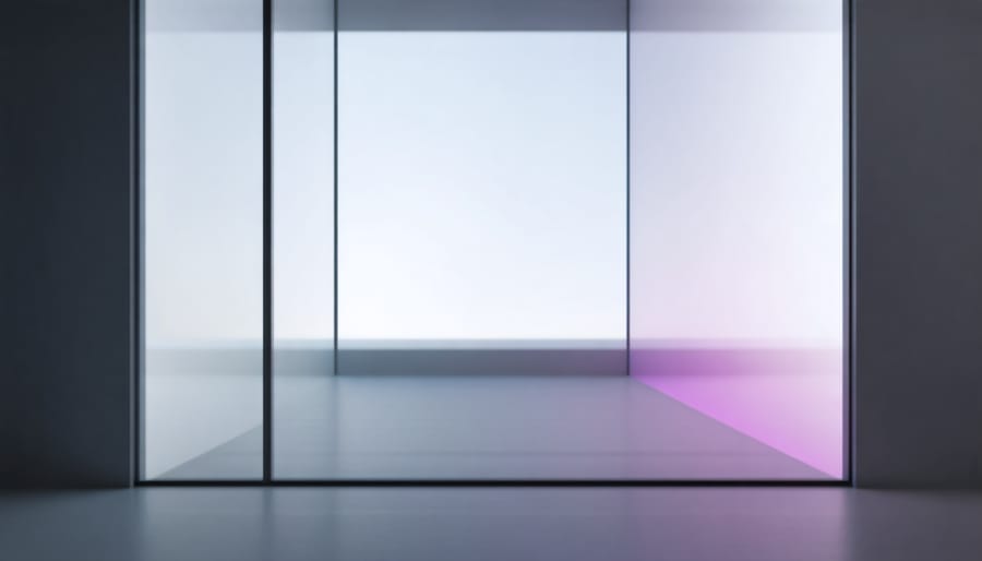 Artistic rendering of quantum dots in a transparent glazing system with visible light rays