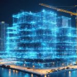Conceptual visualization of a construction site with quantum and nanotechnology innovations, showing how quantum dots and nanoscale particles enhance building materials.