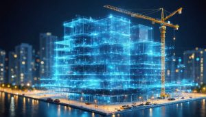Conceptual visualization of a construction site with quantum and nanotechnology innovations, showing how quantum dots and nanoscale particles enhance building materials.