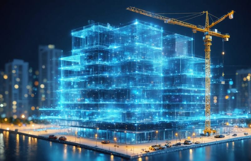 Conceptual visualization of a construction site with quantum and nanotechnology innovations, showing how quantum dots and nanoscale particles enhance building materials.