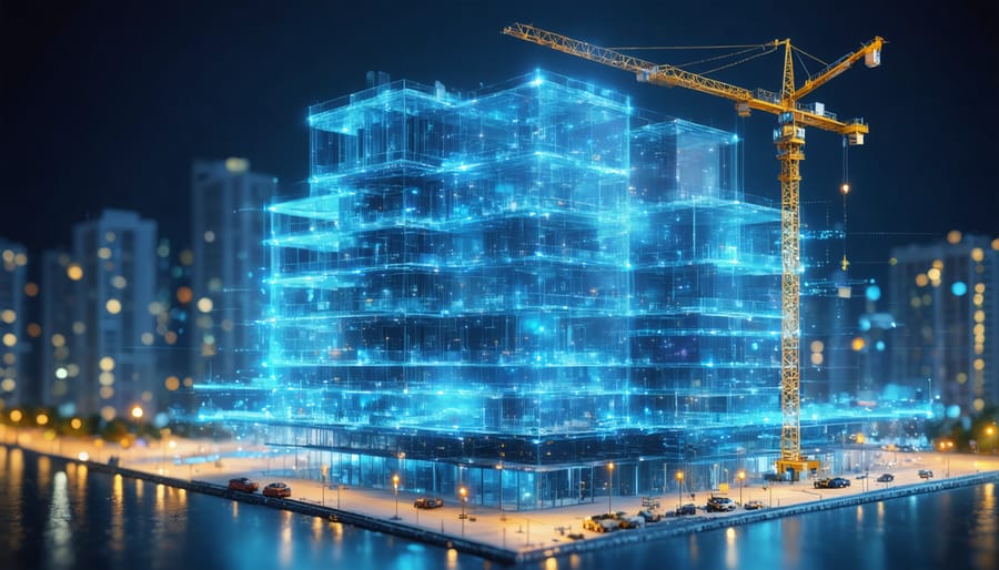 Conceptual visualization of a construction site with quantum and nanotechnology innovations, showing how quantum dots and nanoscale particles enhance building materials.