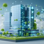 Conceptual illustration depicting a modern energy-efficient skyscraper integrating solar panels, geothermal loops, and smart HVAC systems, symbolizing the transformation of building efficiency through renewable technologies.
