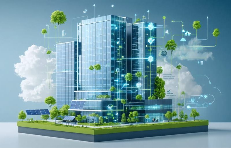 Conceptual illustration depicting a modern energy-efficient skyscraper integrating solar panels, geothermal loops, and smart HVAC systems, symbolizing the transformation of building efficiency through renewable technologies.