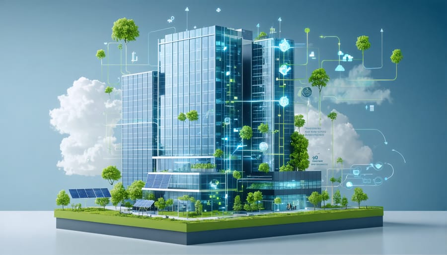 Conceptual illustration depicting a modern energy-efficient skyscraper integrating solar panels, geothermal loops, and smart HVAC systems, symbolizing the transformation of building efficiency through renewable technologies.