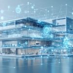 Conceptual depiction of futuristic construction technology interface, integrating BIM design overlays, IoT sensors, and AI algorithms alongside traditional construction elements.