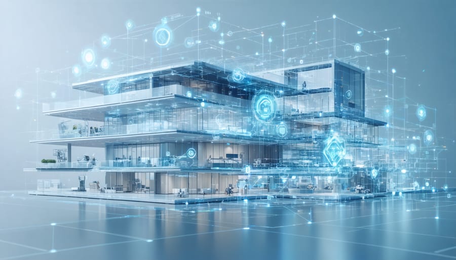Conceptual depiction of futuristic construction technology interface, integrating BIM design overlays, IoT sensors, and AI algorithms alongside traditional construction elements.