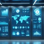 A high-tech smart building environment featuring digital displays of real-time environmental data, including temperature, humidity, and air quality, with interconnected sensor devices.