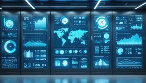 A high-tech smart building environment featuring digital displays of real-time environmental data, including temperature, humidity, and air quality, with interconnected sensor devices.