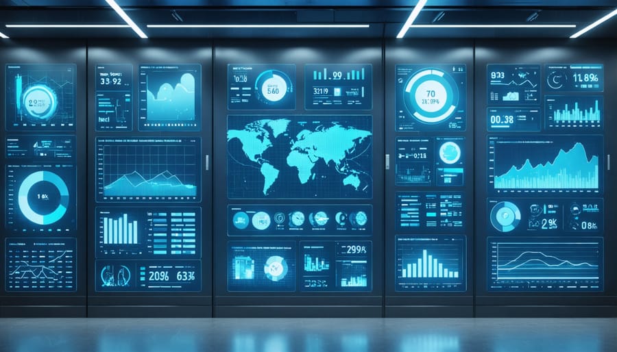 A high-tech smart building environment featuring digital displays of real-time environmental data, including temperature, humidity, and air quality, with interconnected sensor devices.