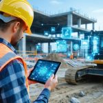 Construction worker on a smart construction site using IoT-enabled safety gear and a tablet, surrounded by sensor-equipped equipment and smart buildings.