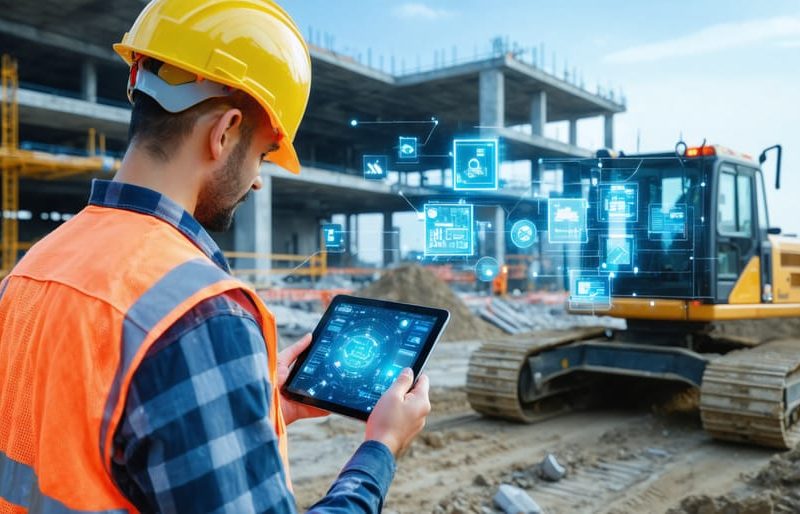 Construction worker on a smart construction site using IoT-enabled safety gear and a tablet, surrounded by sensor-equipped equipment and smart buildings.