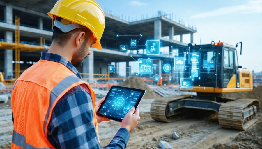 Construction worker on a smart construction site using IoT-enabled safety gear and a tablet, surrounded by sensor-equipped equipment and smart buildings.