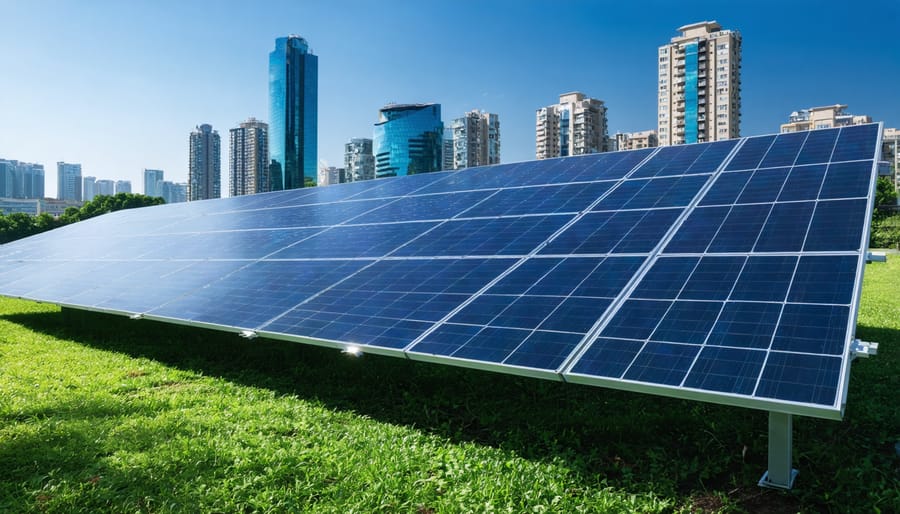 Modern city district showcasing integrated renewable energy systems and smart grid technology