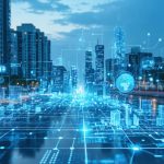 Futuristic cityscape illustrating smart waste management in urban construction with IoT sensors and AI systems optimizing waste bins and routes, representing resource-efficient building practices.