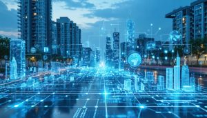 Futuristic cityscape illustrating smart waste management in urban construction with IoT sensors and AI systems optimizing waste bins and routes, representing resource-efficient building practices.