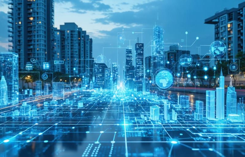Futuristic cityscape illustrating smart waste management in urban construction with IoT sensors and AI systems optimizing waste bins and routes, representing resource-efficient building practices.
