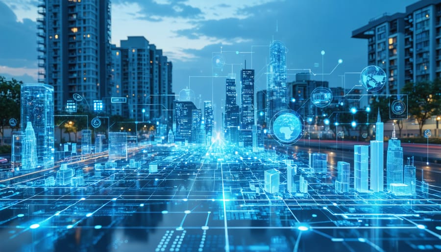 Futuristic cityscape illustrating smart waste management in urban construction with IoT sensors and AI systems optimizing waste bins and routes, representing resource-efficient building practices.