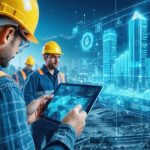 Construction site workers using advanced technology for real-time carbon tracking, showcasing digital data overlay on building sustainability efforts.