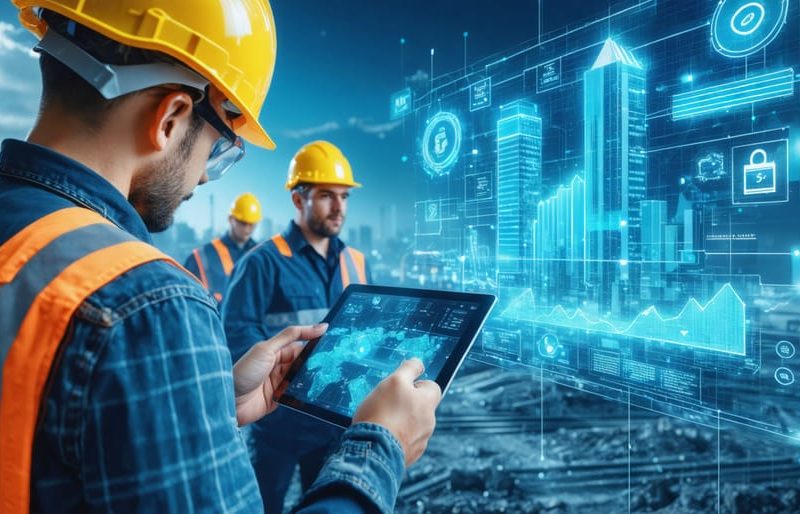 Construction site workers using advanced technology for real-time carbon tracking, showcasing digital data overlay on building sustainability efforts.