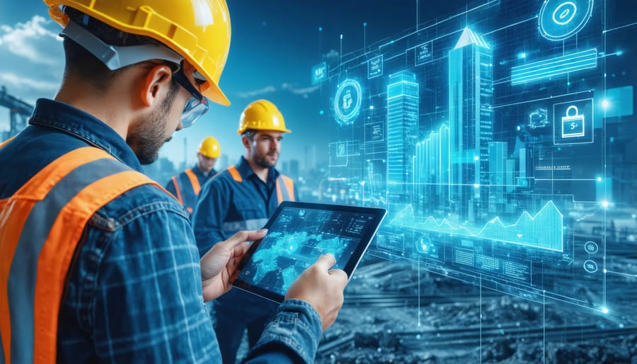 Construction site workers using advanced technology for real-time carbon tracking, showcasing digital data overlay on building sustainability efforts.