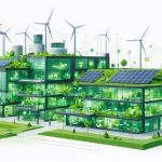 Illustration of a modern industrial building with solar panels, wind turbines, and greenery, demonstrating energy efficiency and sustainable architecture.