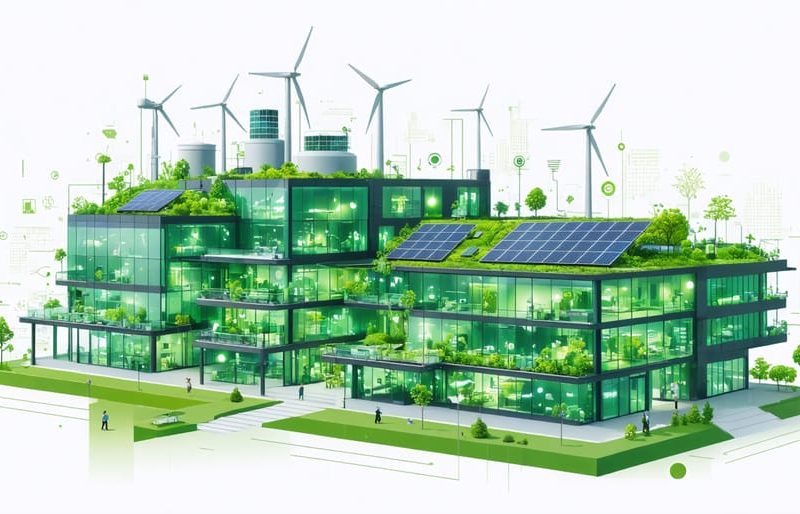 Illustration of a modern industrial building with solar panels, wind turbines, and greenery, demonstrating energy efficiency and sustainable architecture.