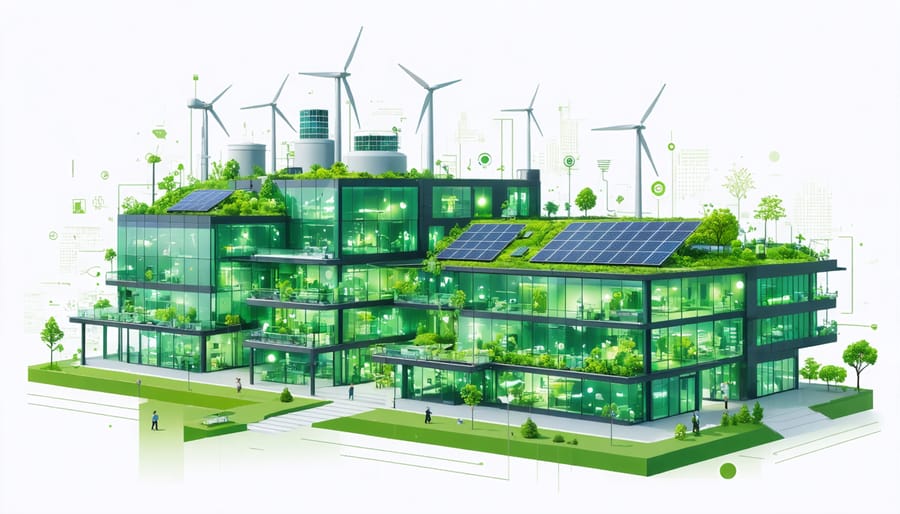 Illustration of a modern industrial building with solar panels, wind turbines, and greenery, demonstrating energy efficiency and sustainable architecture.