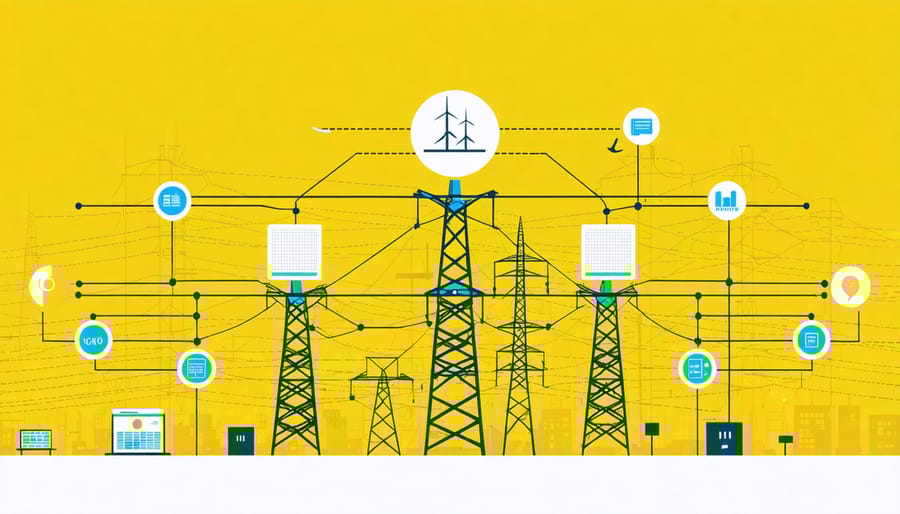 Smart grid infrastructure diagram with renewable energy integration and data exchange visualization