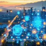 An advanced construction site illustrating smart grid technology integration with intelligent sensors, smart meters, and data analytics in a futuristic urban environment.