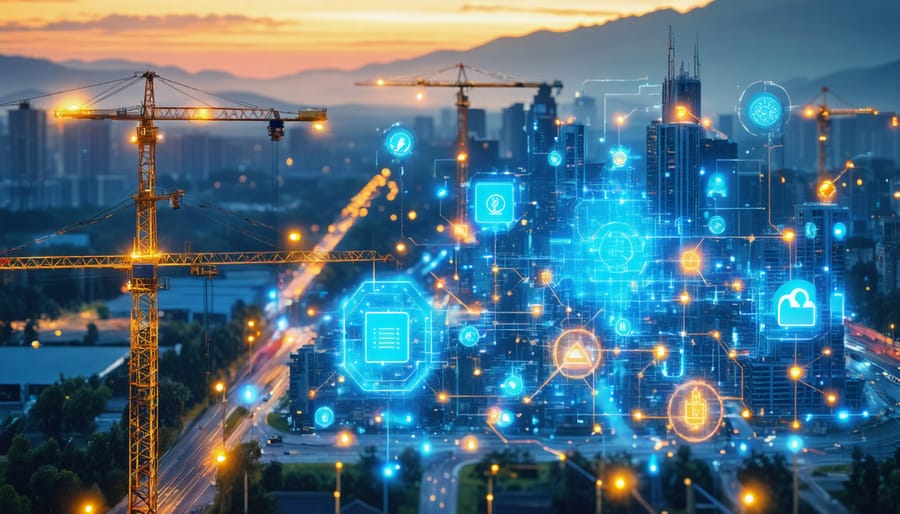 An advanced construction site illustrating smart grid technology integration with intelligent sensors, smart meters, and data analytics in a futuristic urban environment.