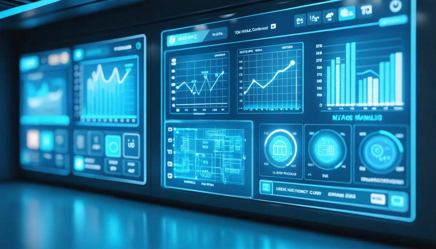 Digital dashboard displaying smart HVAC controls and building automation metrics