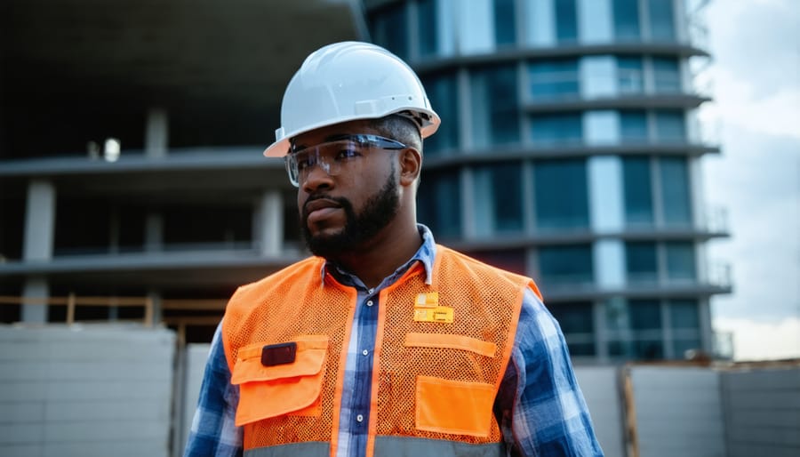 Construction worker equipped with smart safety wearables including connected helmet and sensor-embedded safety vest