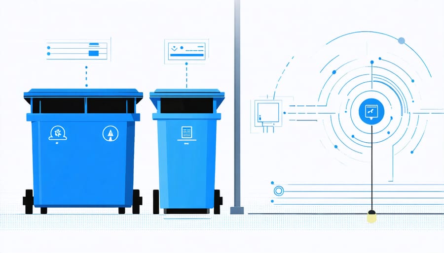 3D illustration of connected smart waste bins showing fill-level monitoring and data communication
