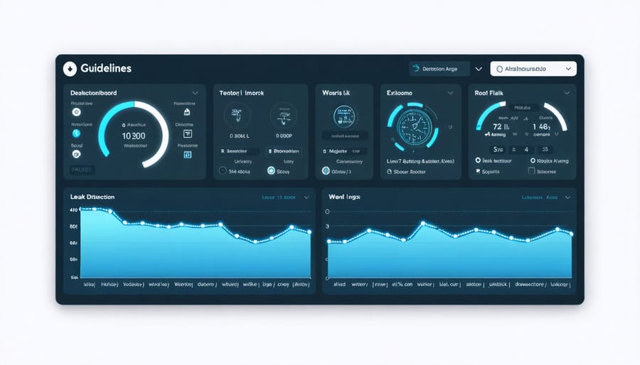 Smart water monitoring dashboard displaying water consumption graphs and leak alerts