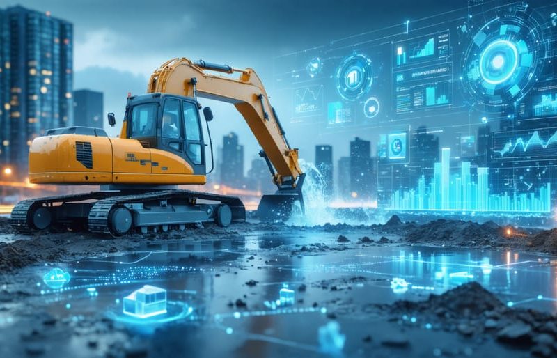 A construction site using advanced technologies such as digital dashboards, smart meters, and rainwater harvesting systems to demonstrate integrated smart water management solutions.
