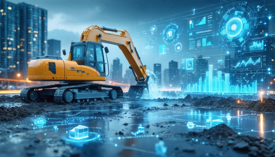 A construction site using advanced technologies such as digital dashboards, smart meters, and rainwater harvesting systems to demonstrate integrated smart water management solutions.