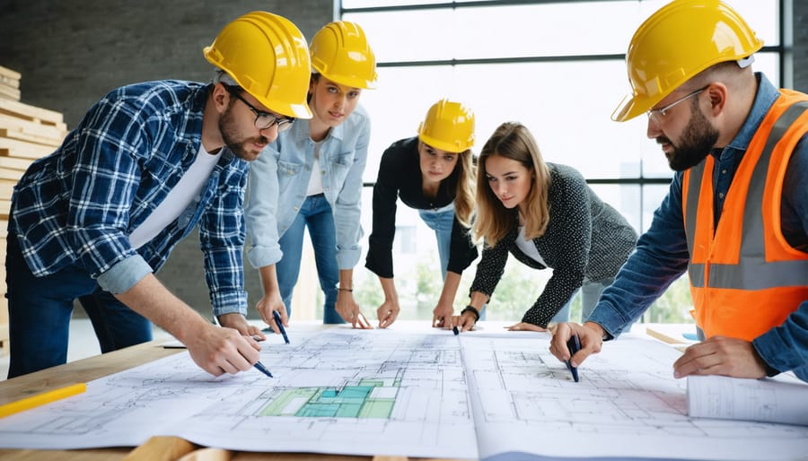 Multi-ethnic group of stakeholders collaboratively reviewing construction plans