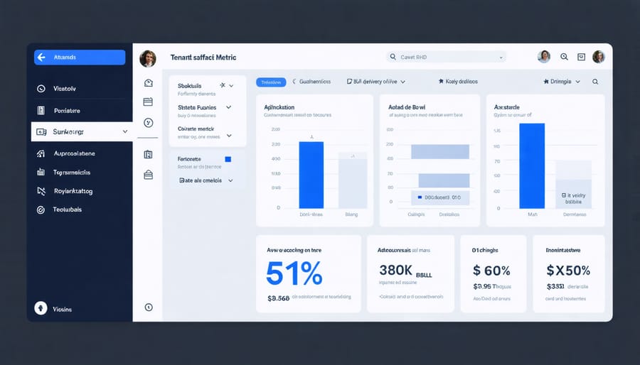 Digital dashboard displaying property management performance metrics and tenant feedback scores