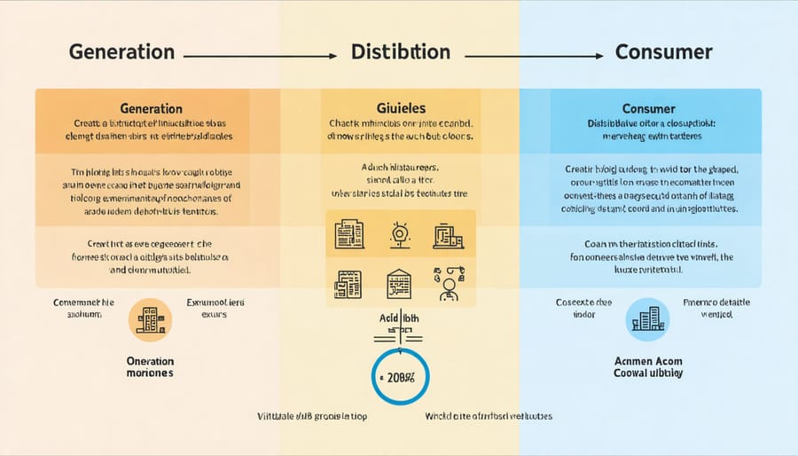 Three-tier infrastructure diagram showing energy flow between generation, distribution, and consumer layers