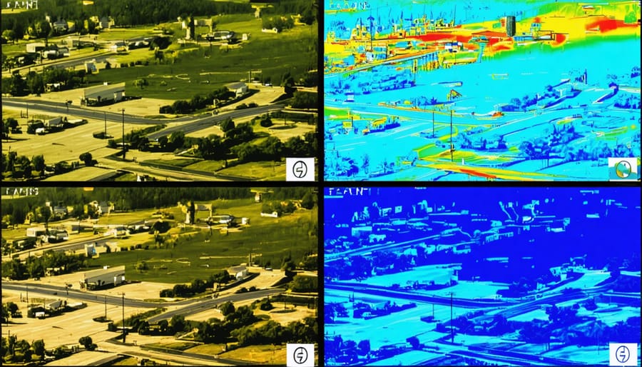 Infrared thermal image comparing temperature differences between city center and suburban neighborhoods
