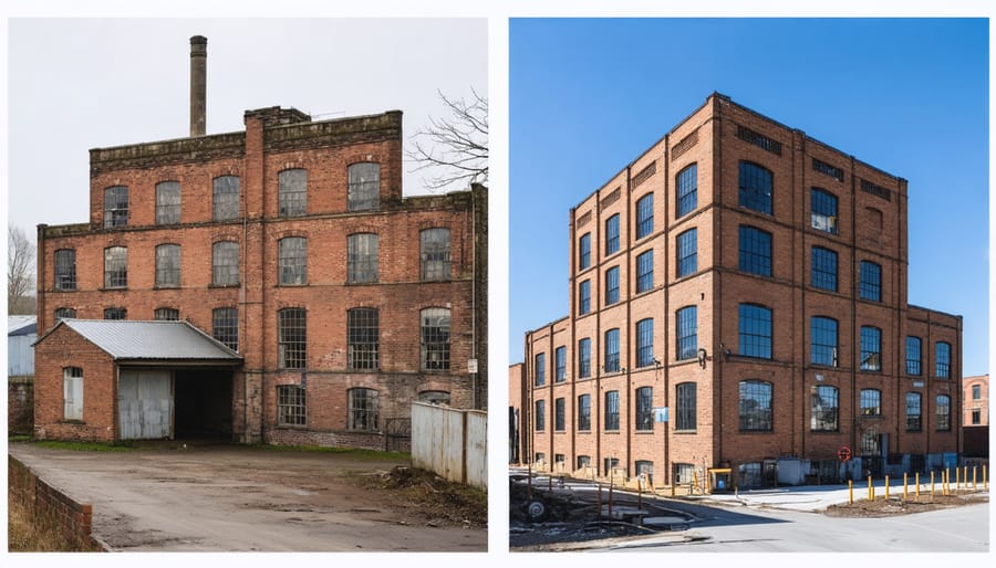 Side-by-side comparison of Wellington Mills before and after adaptive reuse renovation