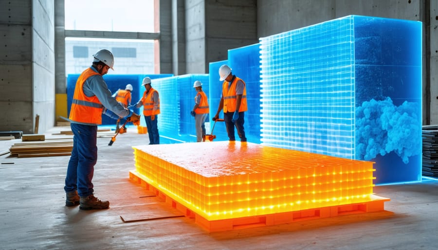 Futuristic construction site with workers installing high-temperature insulation materials, featuring thermal imaging display of heat retention by aerogel and ceramic fiber solutions.