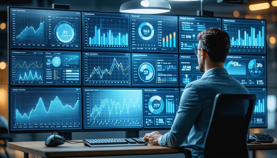 Construction financial manager analyzing AI-powered real-time cost tracking dashboards