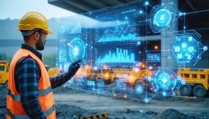 A construction financial manager interacts with a digital interface displaying AI-powered analytics for cost tracking, cash flow forecasts, and risk assessments over a bustling construction site.