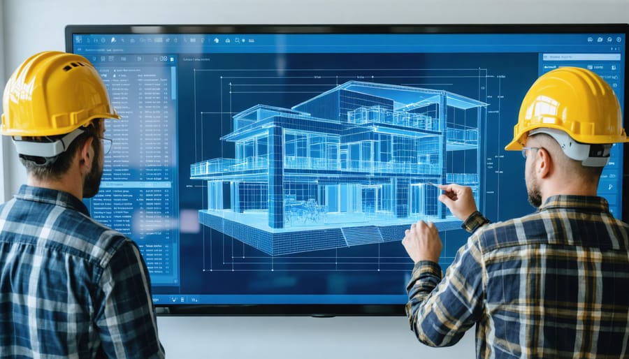 Team of construction professionals collaborating around an interactive 3D BIM model display
