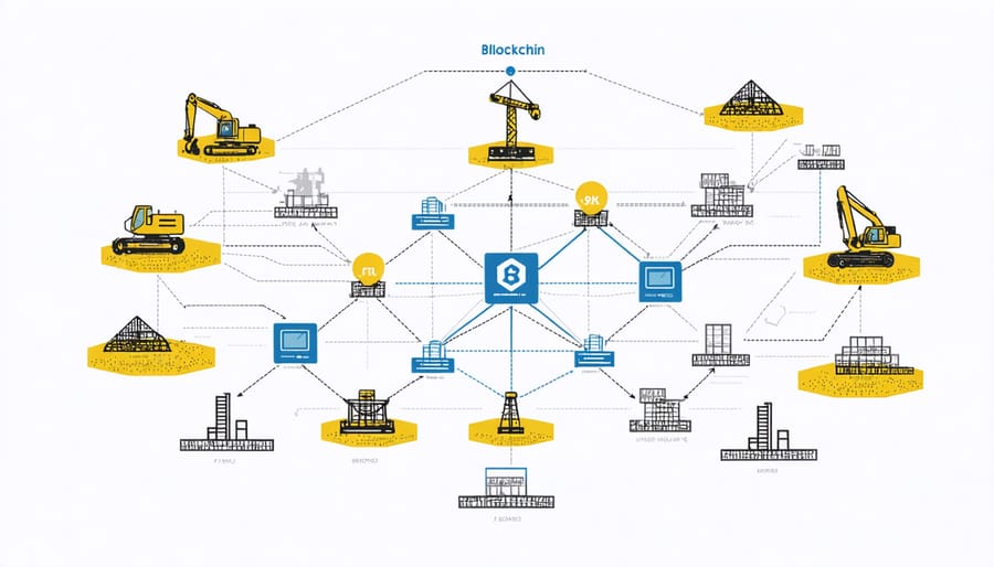 Visual representation of decentralized blockchain network with construction site icons connected through nodes